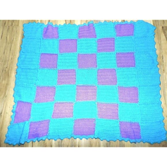 Handmade turquoise and lavender acrylic afghan throw lap blanket 38 X 48 inches - Picture 2 of 3